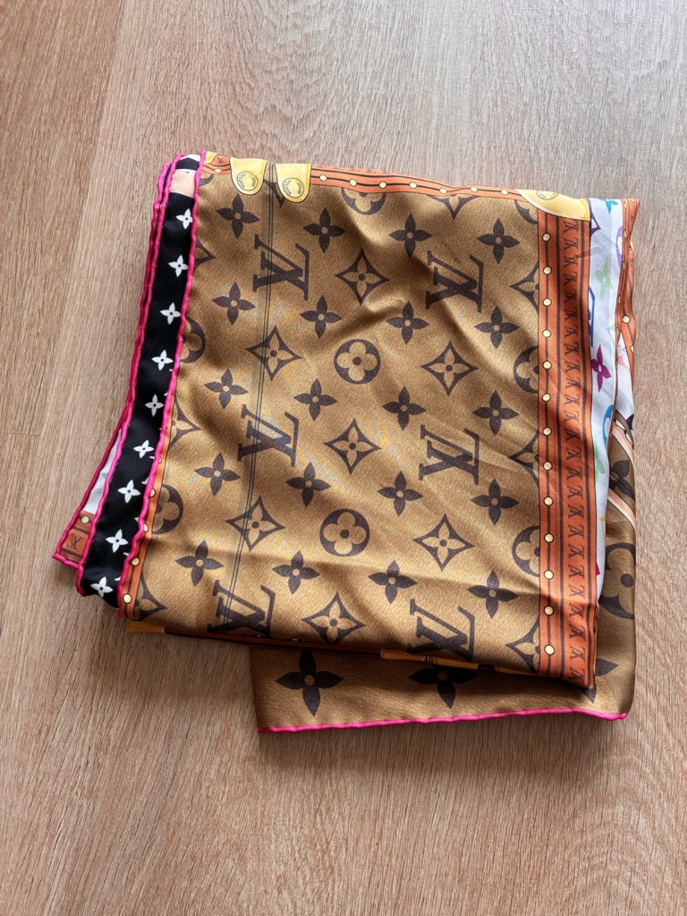 Louis Vuitton Brown Monogram Silk Scarf with Pink Trim